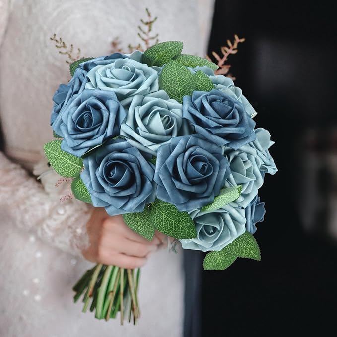 100 Pieces Artificial Foam Rose Flowers Faux Bouquet with Leaves and Stems for DIY Wedding Bouquets Centerpieces Bridal Shower Party Valentine Home Decorations(Blue Two Tone)