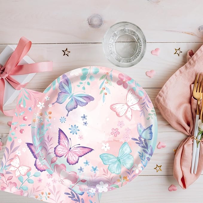40Pcs Butterfly Plates and Napkins Party Supplies, Disposable Butterfly Birthday Party Paper Plates Napkins Tableware Set for Girl Butterfly Baby Shower Birthday Decorations (Butterfly)