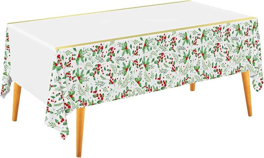 Gatherfun Christmas Table Decorations, Christmas Seasonal Holly Disposable Tablecloth Waterproof Plastic Rectangular Table Cover for Party Supplies, 3 PCS, 54 X 108 inch