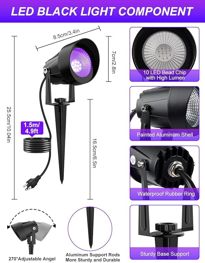 Outdoor Black Light Spotlight, LED Black Lights Waterproof Landscape Lights with US Plug for Glow Party Body Paint Fluorescent Poster Stage Lighting Yard Garden Halloween Decoration(4 Pack)