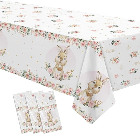APOWBLS Bunny Birthday Decorations Tablecloth, Disposable Bunny Party Supplies Table Cover for Baby Shower, Easter Rabbit Themed Party Decorations Table Cloth, 3 Pack, 55in x 86in