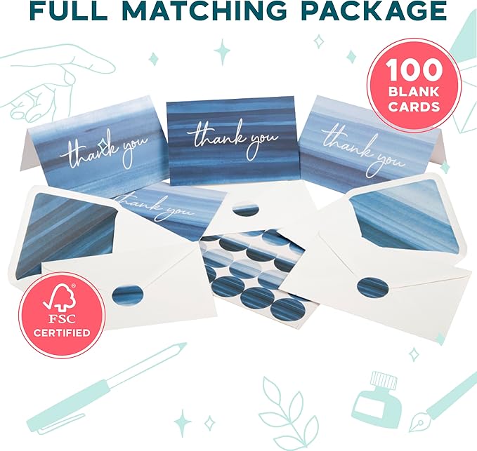 VNS Creations Thank You Cards With Envelopes Bulk Set & Stickers - 100 Pack 4x6 Blank Thank You Notes Bulk Box Set - Large Note Card Small Business, Wedding, Baby Shower & Bridal Shower - Ombré