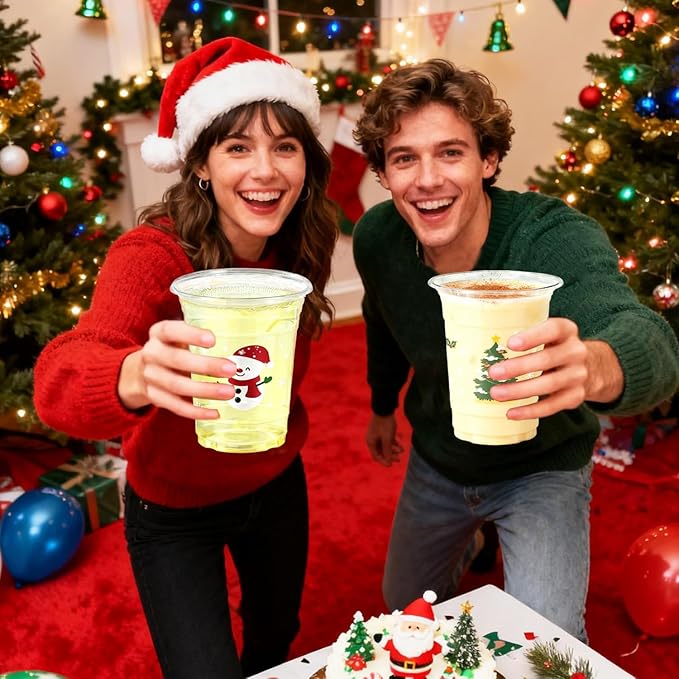 60 Pcs Christmas Cups, 16 oz Disposable Christmas Plastic Cups Snowflake Xmas Trees Santa Claus Snowman Gingerbread Man Party Cups for Winter Holiday Party Supplies