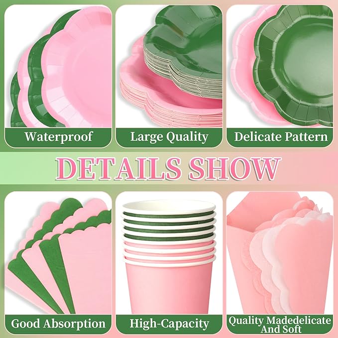 260 Pcs Green And Pink Party Supplies - For 52 Guests Paper Plates And Napkins/Cups - Disposable Big Scalloped Dinner Party Set Cutlery - For Bbq Baby Shower Bridal Shower Wedding
