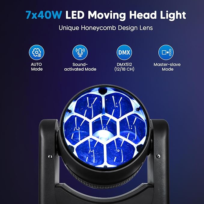 Big Dipper 7x40W LED Moving Head Light, 4-in-1 Bee Eye RGBW DJ Light for Party, Stage Lighting with Sound Activated/Auto/DMX512 Control, Stage Spotlight Uplight for Events Church Wedding Disco