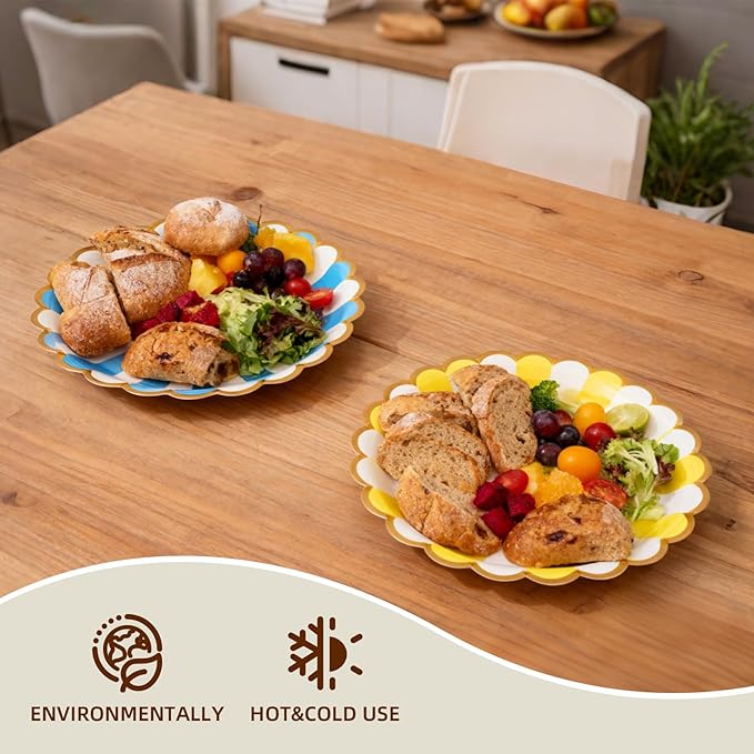 party paper plates,9 inch,scalloped disposable Paper Plates,compostable biodegradable utensils 50 - pack Gold Trimmed Striped Holiday Party Rehearsal 6 colors