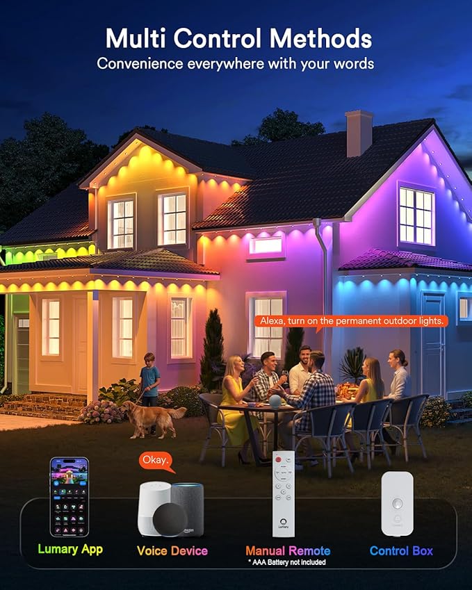 Lumary Smart Permanent Outdoor Lights 2 with Remote & Slide-Base, 50ft with 30 RGBAICW LEDs 1800lm for Daily & Accent Lighting, Work with Alexa Google, 110+ Scene for Halloween Christmas Decor, White