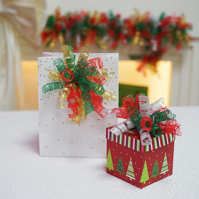 12PCS Gold Curly Ribbon Bows Gift Wrapping self-Adhesive Thanksgiving, Christmas, New Year, Birthday, Presents, Treat Bags, Crafts, Wine Bottles Baskets Shower Favors, Wedding Decor (red green silver)