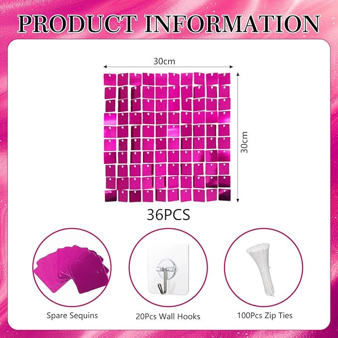 36 PCS Fuchsia Shimmer Wall Backdrop, Square Sequin Photo Backdrops Panel, Glitter Wall Background for Birthdays, Weddings, Halloween, Engagements, Disco Bachelorette Party Decoration (6FTx6FT)