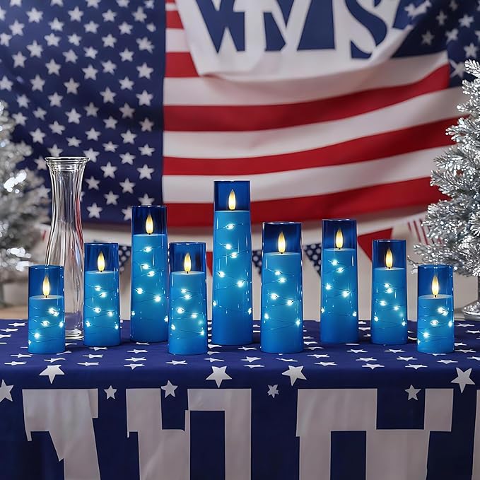 Raycare Flameless Candle with Remote Timer – 9 Flickering Acrylic Battery Operated LED Pillar Candles with Embedded Star String for Christmas, Home Decor, and as a Gift (Blue)