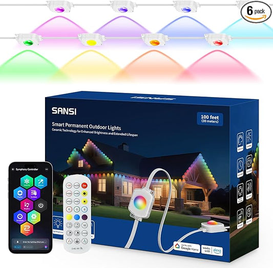 SANSI 100FT Permanent Outdoor Lights, AI Smart RGB+IC Lights 90 Scene Modes for Outside, DIY Lighting Themes for Christmas Decorations, Music Mode, IP67 Waterproof, Works with Alexa, Google Assistant