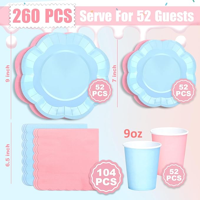 260 Pcs Blue And Pink Party Supplies - For 52 Guests Paper Plates And Napkins/Cups - Disposable Big Scalloped Dinner Party Set Cutlery - For Bbq Baby Shower Bridal Shower Wedding