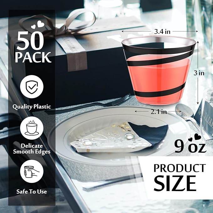 Gejoy 9 oz Rimmed Swirl Plastic Cups Disposable Wine Drinking Cups Clear Elegant Halloween Tumblers for Christmas Party Supplies(Black,50 Pcs)