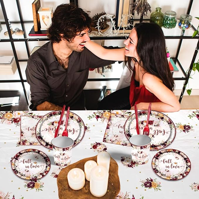 Fall In Love Bridal Shower Decoration,142pcs Fall Wine Disposable Dinnerware Autumn Plates and Napkins Floral Pumpkin Tablecloth for Fall Theme Wedding Bridal Shower Supplies