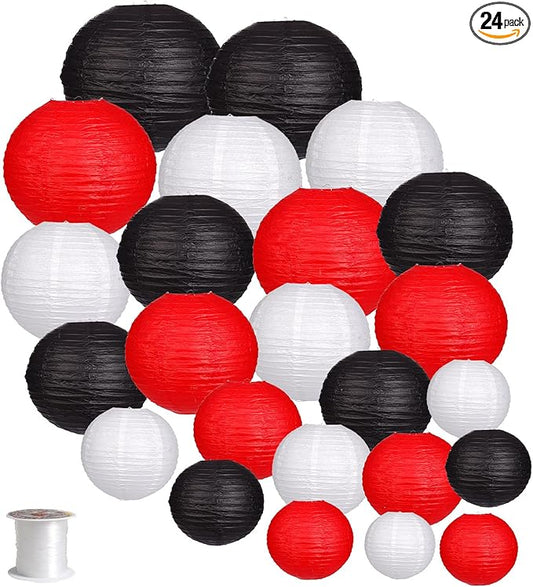 24pcs Hanging Round Paper Lanterns for Wedding Birthday Party Baby Showers Decoration Black/Red