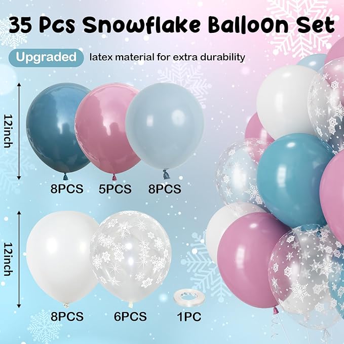 Pink and Blue Snowflake Balloons, 12 Inch Winter Wonderland Dusty Pink Light Pastel Slate Blue White Latex Balloons for Baby Its Cold Outside Baby Shower Gender Reveal Christmas Birthday Party Decor