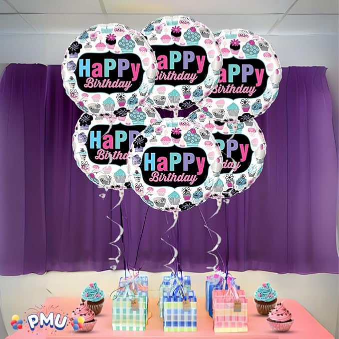 PMU Happy Birthday Cupcakes Emblem 18 Inch Mylar-Foil Balloon Pkg/5