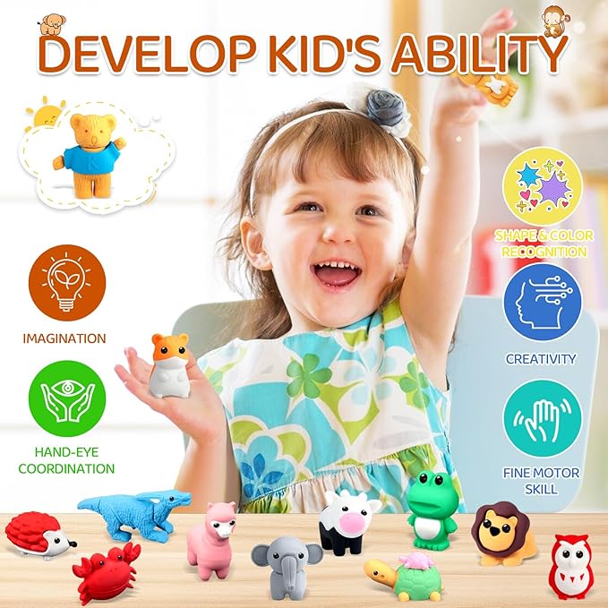 60Pcs Animal Erasers Kids Desk Pets Pencil Erasers 3D Puzzle Bulk Mini Animal Eraser Toys Fun Cute Eraser for Classroom Rewards, Game Prizes, Treasure Box, Easter Egg Fillers