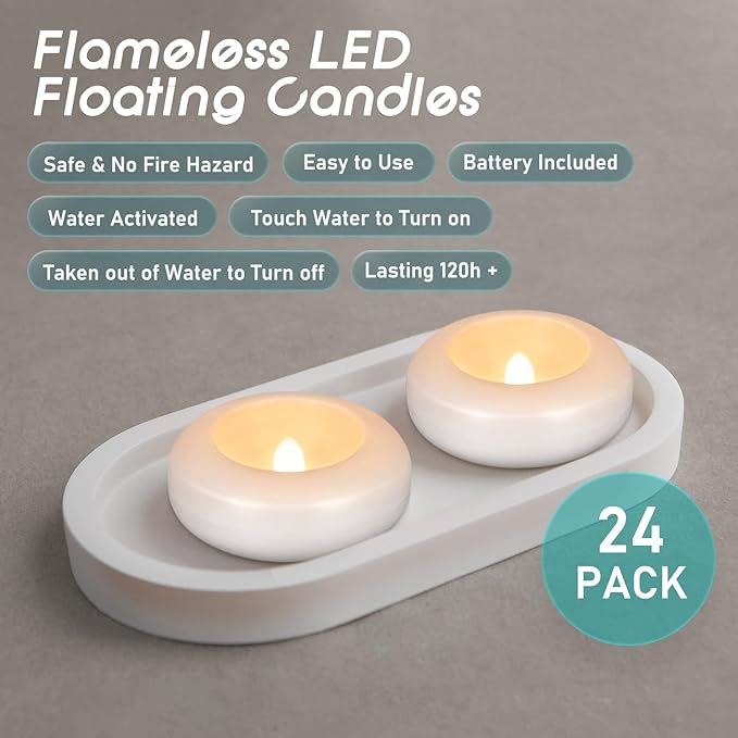 24Pack Waterproof Flameless Floating Tealights, 120+Hour Warm White Battery Flickering LED Tea Lights Candles - Wedding, Party, Centerpiece, Pool & SPA.
