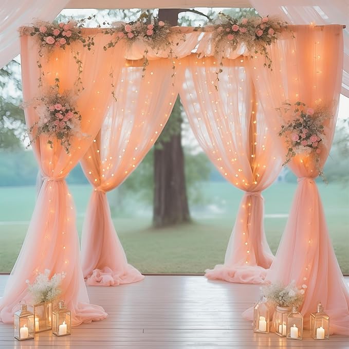 10ft x 8ft Peach Backdrop Curtain with Lights String for Parties, Sheer Tulle Wedding Photo Backdrops Drapes for Baby Shower Birthday Party Decorations Background for Photography