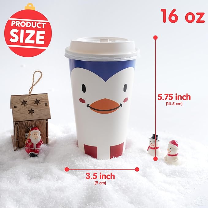 JOYIN 24 PCS Merry Christmas Disposable Paper Cups with Sleeves and Lids, 6 Designs Xmas Drinkware 16 oz, Snowflake Santa Elk Cups for Hot Coffee Cold Beverage Holiday Tableware Supplies Favors