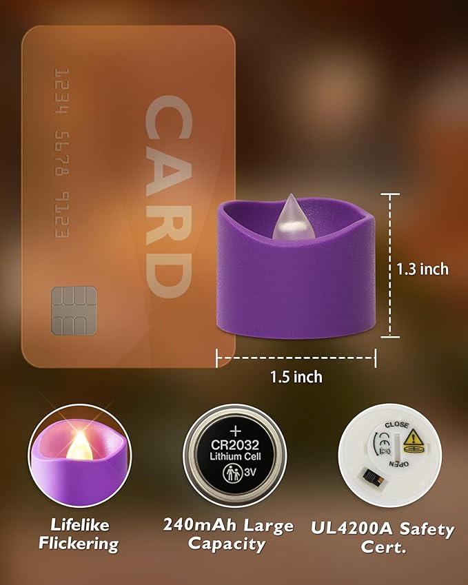 Homemory Purple Tea Lights Candles Battery Operated, 200+Hour Flameless Flickering Fake Electric LED Colored Tealights Candles for Party, Wedding, Halloween, Mardi Gras, Holiday Decor, 24-Pack