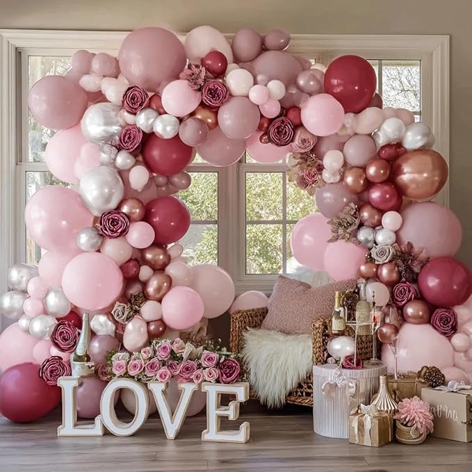 Dusty Rose Balloon Garland Double Stuffed Dusty Pink Mauve Balloons Light Pink Pearl White Cream Boho Balloon Arch Kit for Girls Women Birthday Baby Shower Bridal Engagement Party Decorations