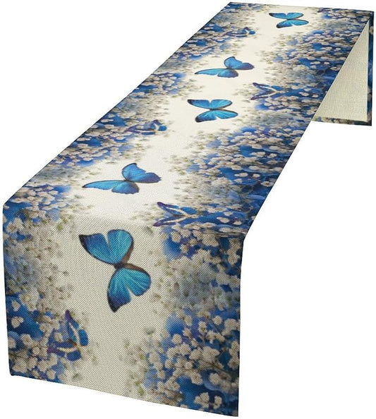Floral Butterfly Spring Table Runner, Blue Flowers Seasonal Kitchen Dining Table Decoration for Home Party Decor 13x60 Inch