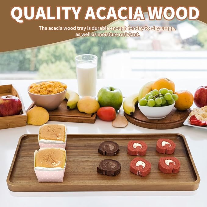 1 pcs 14"x5.3" Solid Acacia Wood Serving Tray Rectangular Wooden Serving Platter Natural Wooden Board for Bar Coffee Party