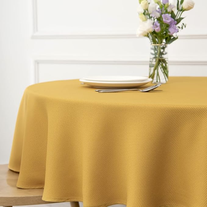 maxmill Round Textured Tablecloth Spill-Proof Wrinkle Free Soft Jacquard Table Cloth for Circular Table Cover, for Dining Room Buffet Banquet Parties Holiday Dinner, 70 Inch, Ochre Yellow