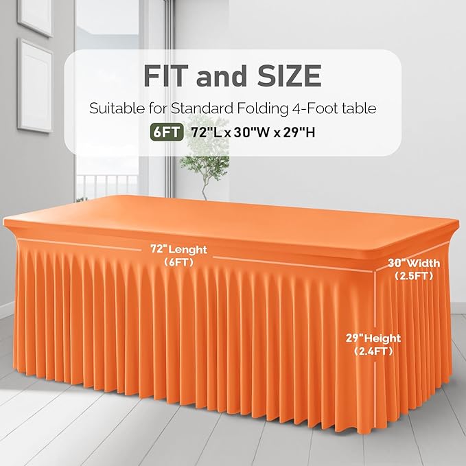 1 Pack Orange Table Clothes for 6 Foot Rectangle Tables, One-Piece Wrinkle Resistant Stretch Spandex Table Covers with Skirt for Event Banquet Wedding Birthday Party
