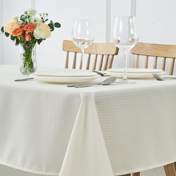maxmill Tablecloth Weaved Texture Stain Resistant Waterproof, Wrinkle Resistant Washable Table Cloth, Fabric Table Cover for Dining Room, Indoor Outdoor Use, Rectangle 70 x 120 Inch, Ivory