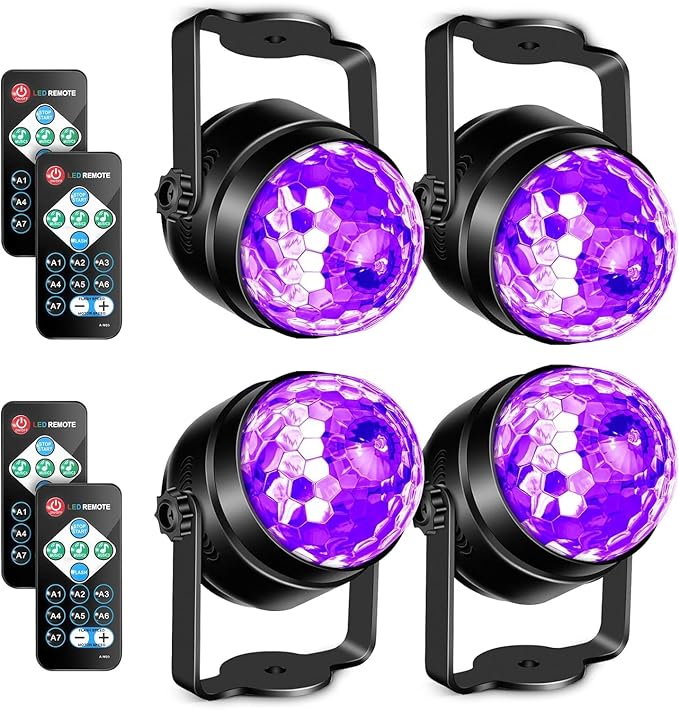 Litake UV Black Light for Glow Party, Sound Activated Party Light with Remote, LED Disco Ball Strobe Light in Dark Party Supplies, Dj Lighting for Halloween Birthday Home Dance Party Decoration 4 Pack