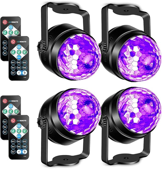 Litake UV Black Light for Glow Party, Sound Activated Party Light with Remote, LED Disco Ball Strobe Light in Dark Party Supplies, Dj Lighting for Halloween Birthday Home Dance Party Decoration 4 Pack
