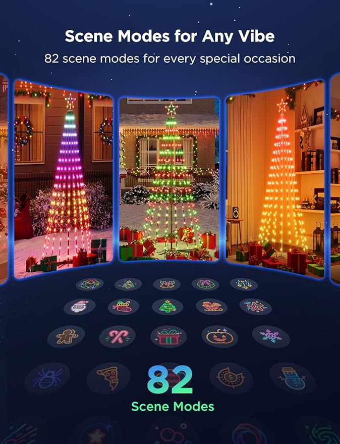 Govee Christmas Cone Tree Lights, 6ft 316 LEDs RGBIC Christmas Tree Lights with Smart App Control, IP67 Waterproof Outdoor String Lights for Xmas Decorations, 82+ Scene Modes, Music Sync, Black Stand