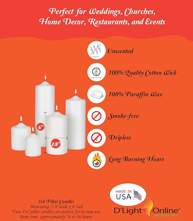 D'light Online 3 X 6 Inch Pillar Candles Set of 12 Bulk Event Pack Round Unscented Premium Wax Pillar Candles for Wedding, Spa, Party, Birthday, Holiday, Bath and Home Decor (3X6, White)