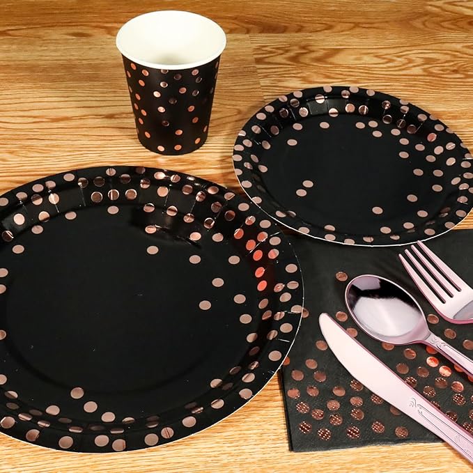 176 Pieces Gold Disposable Party Dinnerware Set &Golden Dot Disposable Party Dinnerware - Black Paper Plates Napkins Cups, Gold Plastic Forks Knives Spoons (25 Guests,176 Pieces)