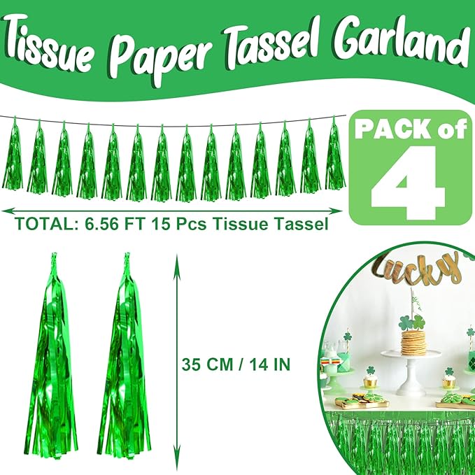 4P Green Foil Fringe Metallic Streamers Banner Tassel Garland for Parade Floats, Bachelorette, Wedding, Birthday, Halloween, Christmas, Bridal/Baby Shower Party Decorations