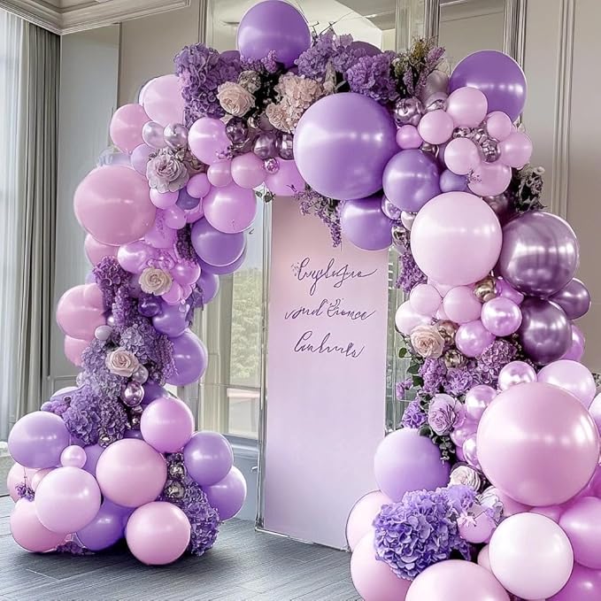 Pearl Purple Balloon Arch, Double Stuffed Light Pastel Purple Balloons Different Size Lavender Lilac Latex Balloon Garland Kit for Birthday Bridal Wedding Baby Shower Party Decorations