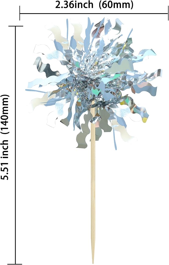 Gyufise 30Pcs Foil Firework Cupcake Toppers Sparkle Tinsel Cake Toppers Tinsel Drink Cake Decoration Cocktail Picks for Birthday Wedding Graduation Party Supplies Silver