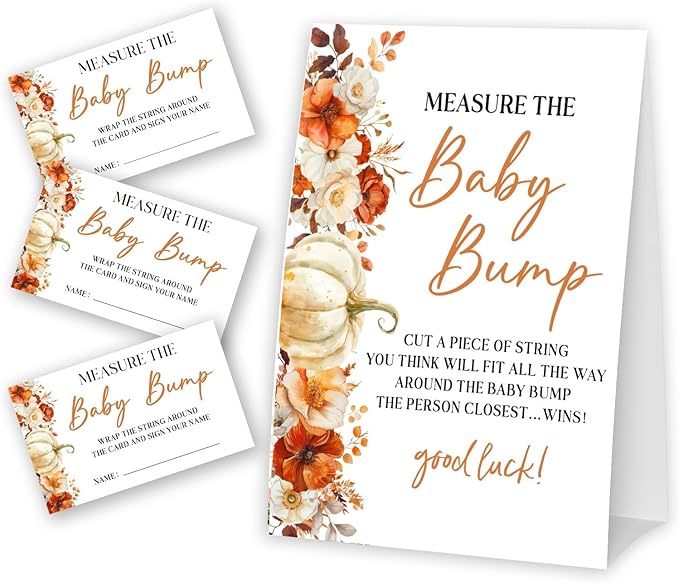 Little Pumpkin Measure The Baby Bump - Thanksgiving Baby Shower Card Set (1 Sign With 50 Guess Cards), Fall Gender Reveal Party Favor Supplies -A12