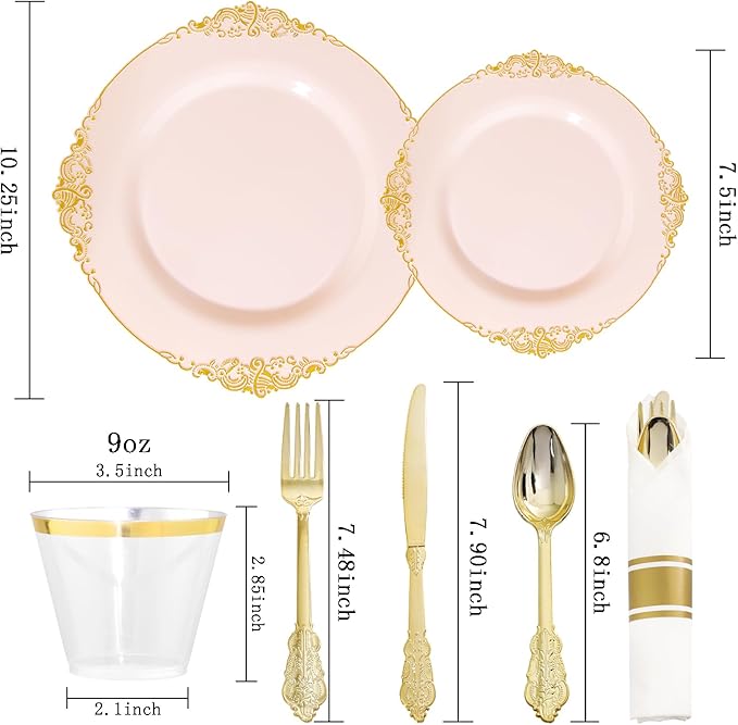 Nervure 175PCS Pink Plastic Plates - Disposable Pink Gold Party Plates & Pre Rolled Napkins with Cutlery for 25 Guests, 50Plates, 75Silverware, 25Cups, 25Napkin for Wedding & Party