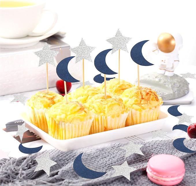 Navy-Blue Moon Silver Star Confetti - 300pcs Glitter twinkle little star Table Confetti,Ramadan Mubarak Decor Birthday Wedding Baby Shower Party Decorations Lasting Surprise