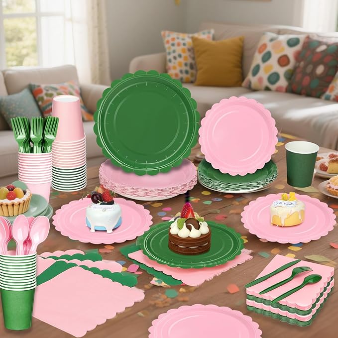 416 Pcs Pink And Green Party Supplies - For 52 Guests Paper Plates And Napkins Knives Spoons Forks Cups - Disposable Small Scalloped Dinner Party Set Cutlery - For Baby Shower Bridal Shower Wedding