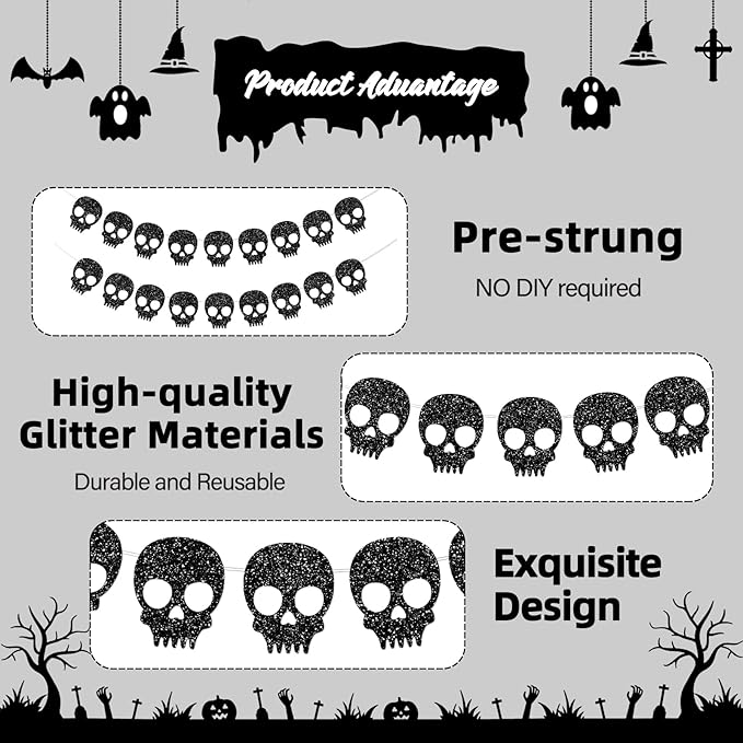 2PC Black Skull Garland for Halloween Party Decorations Glitter Skull Banner for Gothic Birthday Decorations Supplies