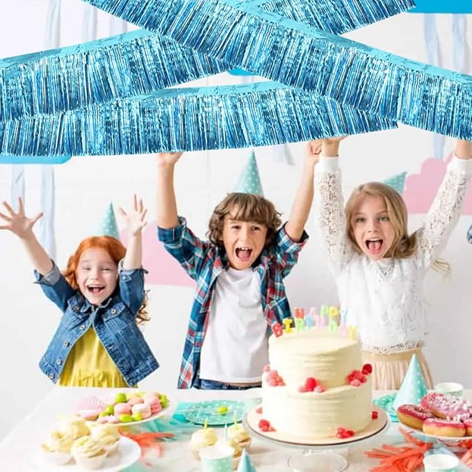 BEISHIDA 3 Packs Metallic Foil Fringe Garland Baby Blue Wall Hanging Tinsel Fringe Banners for Car Floats Bridal Shower Wedding Birthday Easter Graduation Holiday Party Decoration(30 Feet)