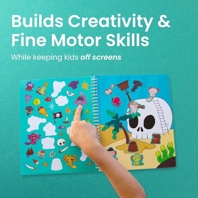 Cupkin Axolotl Sticker Book Activity, Toddler Airplane Travel Essentials, 300+ Axolotl Stickers for Kids + Eight Scenes + 8 Coloring Book Pages, Animal Lover Children's Gift, Kids Crafts for Ages 2-8