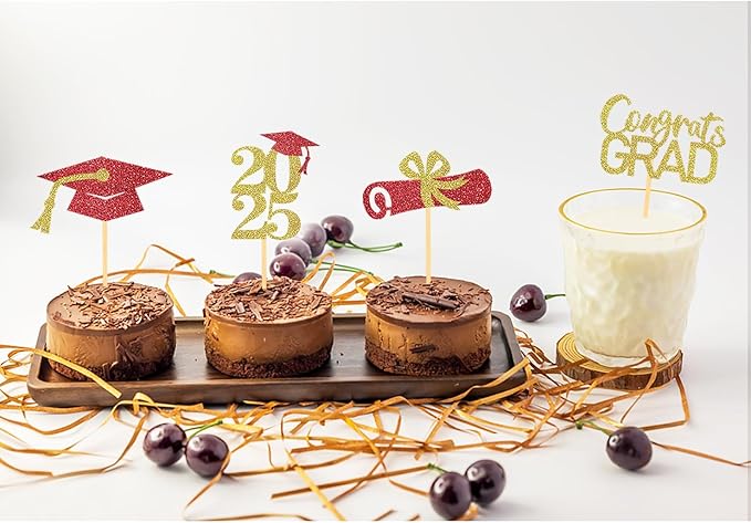 24Pcs Graduation Cupcake Toppers, Graduation Cupcake Picks for Cupcake Food Decorations - Class of 2025 Cupcake Toppers Supplies (Red Gold)