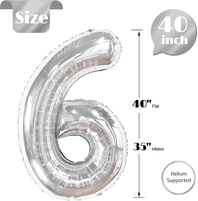 Silver Number 6 Balloon 40 Inch, 6th Birthday Party Decorations for Children, Giant 6 Foil Balloon for Party Supplies