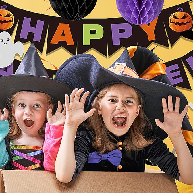 meowtastic Happy Halloween Banner Decorations - Halloween Banner with Honeycomb Ball, Hanging Swirl Streamer, Circle Dot Garland Decorations for theme Party Decorations